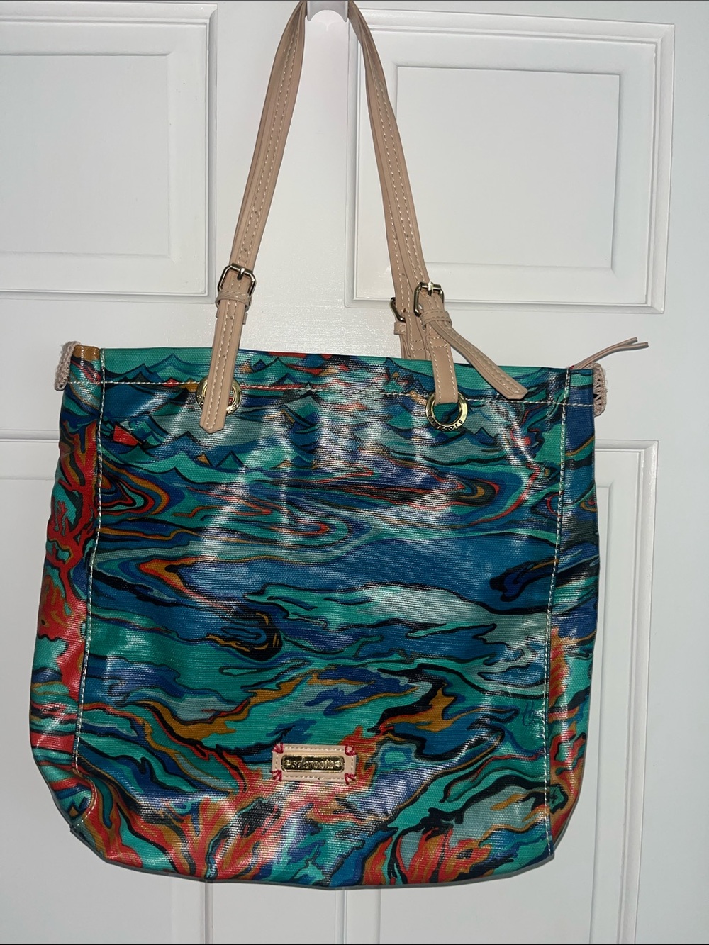 Sakroots Multicolor Swirl Pattern Tote Bag with Beige Handles